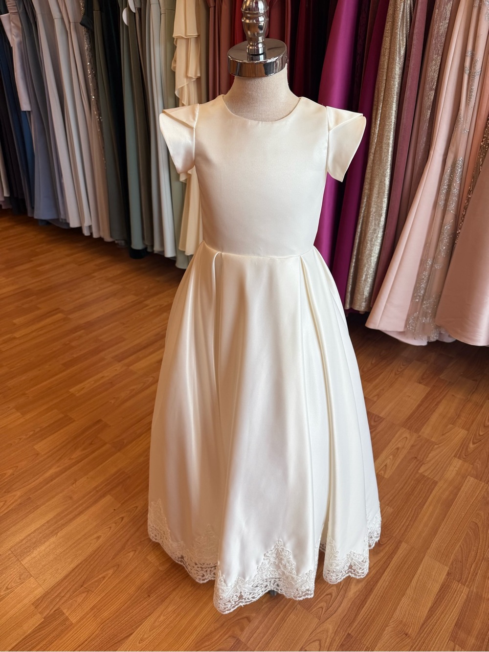 Amalee Ivory Satin Girls' Formal Dress with Lace Hem